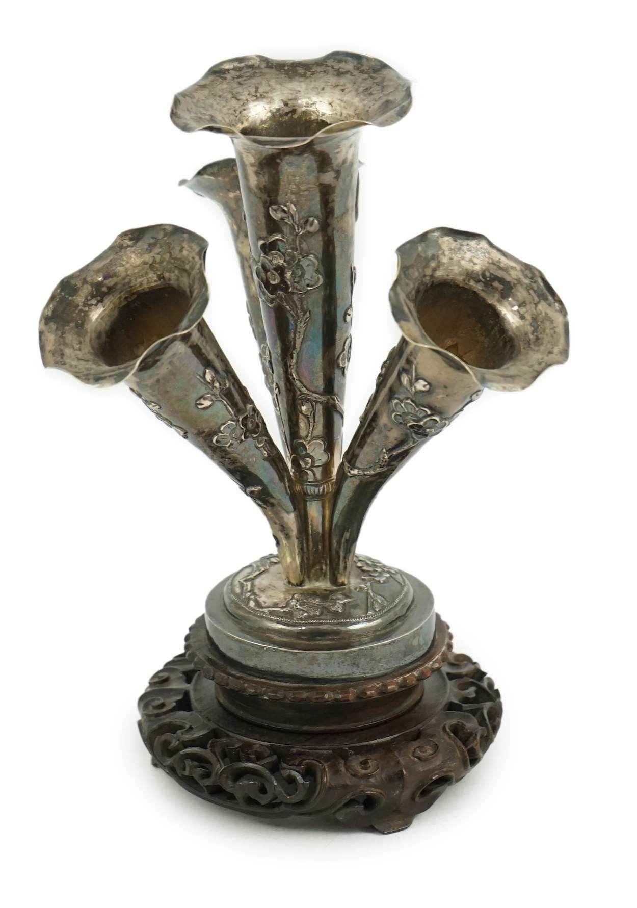 A Chinese export silver quadruple trumpet vase centrepiece, c.1900-1910